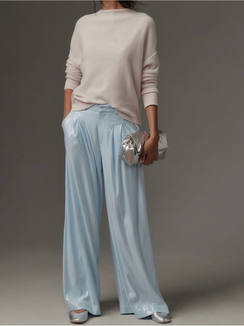 Wide-Leg Sequined Pants in Light Blue
